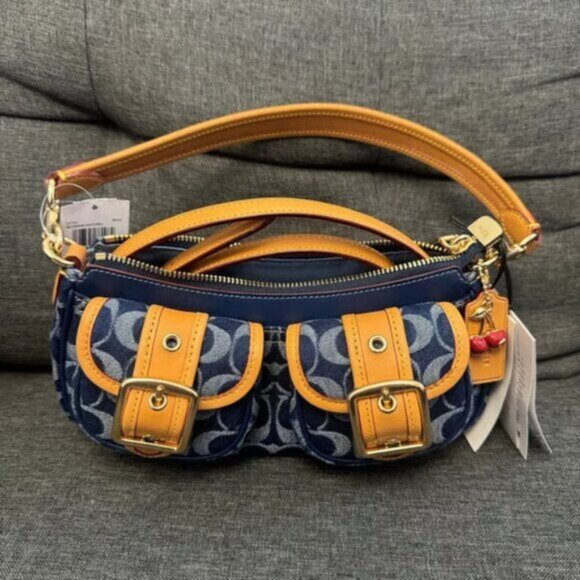 COACH Ashton Baguette Bag In Signature Canvas Denim/Brown CY700 - Picture 1 of 6